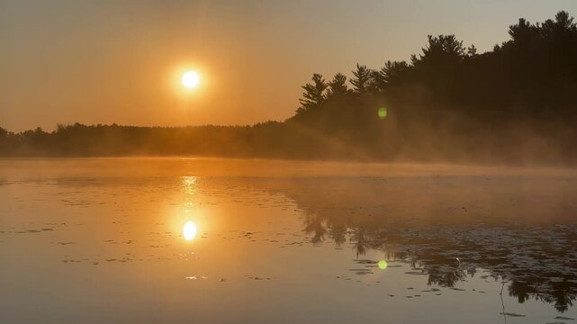 Sun rises over a misty lake with reflections in Minnesota 