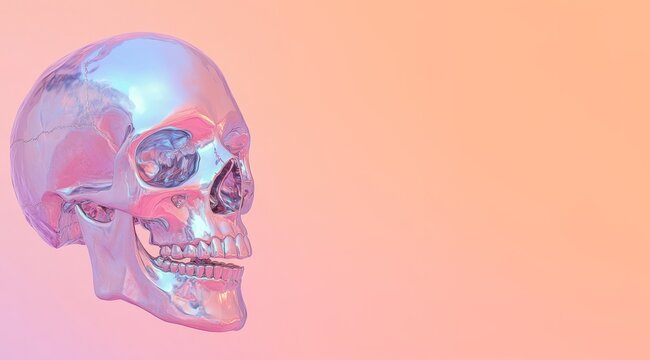 Minimalist 3D rendering of a foil neon human skull on peach-pink background, holographic reflections. Space for text. 