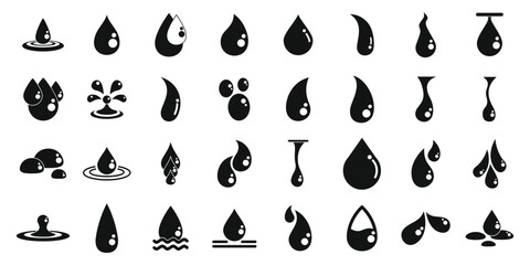 Waterdrop icons set. Various depictions of water droplets, showcasing falling, splashing, merging, and forming ripples and puddles