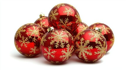 A beautiful arrangement of red Christmas ornaments with intricate gold snowflake patterns, perfect for festive decoration.