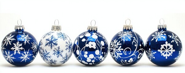 A beautiful collection of blue and white Christmas ornaments, featuring intricate snowflake patterns and charming designs.