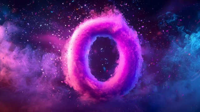 A cute balloon-shaped letter 'O' in pink colors, multicolored particles and gentle plumes of smoke background a magical and dreamy effect