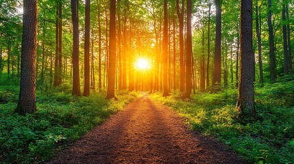 Obraz premium Illuminated Forest Path at Sunset