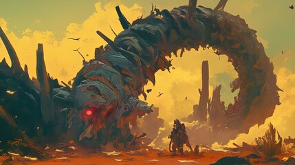 Obraz premium A lone traveler confronts a colossal, abstract creature in a desolate landscape.