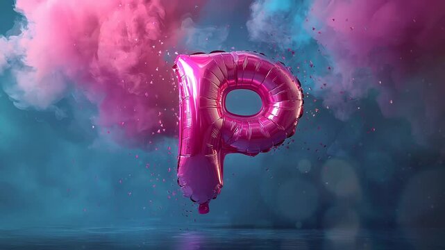 balloon-shaped letter 'P' in pink colors, multicolored particles and gentle plumes of smoke background a magical and dreamy effect