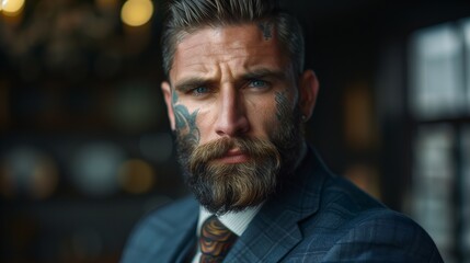 Fototapeta premium A handsome, muscular man with a beard and tattoos wearing a suit and looking serious in a professional photography style