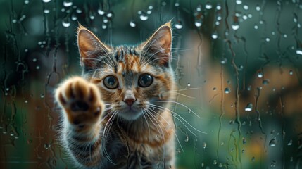 Photograph of a cute cat reaching out from behind a glass window, holding a paw up to high five, with big eyes, beautiful, raining outside