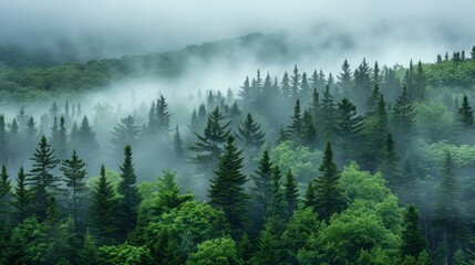 Fototapeta premium A dense forest of evergreen trees shrouded in mist, with the tops peeking through the foggy sky.