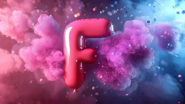 Adorable balloon-shaped letter 'F' in pink colors, multicolored particles and gentle plumes of smoke background a magical and dreamy effect