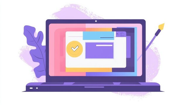Pay per click flat illustration with laptop and pointer.