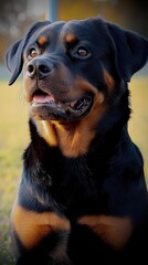 Obraz premium Bella foto de perro Rottweiler a contraluz, muestra una actitud positiva y equilibrada.Concepto de salud canina