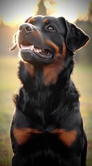 Obraz premium Bella foto de perro Rottweiler a contraluz, muestra una actitud positiva y equilibrada.Concepto de salud canina