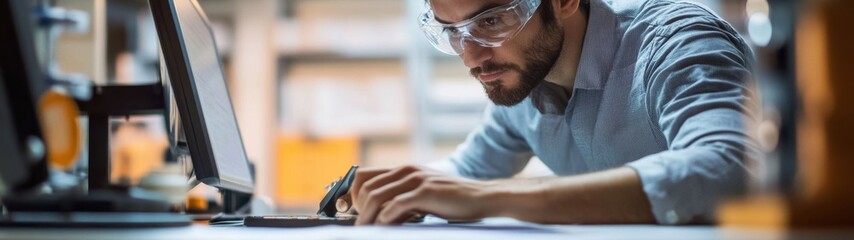Fototapeta premium Ingeniero, apuesto en su centro de trabajo, usa gafas de protección y casco. Concepto de ingeniería, industrial y desarrollo.