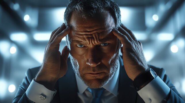 Intense focus a businessman overcoming mental challenges in a modern office