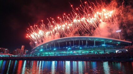 Obraz premium Gran inauguración en un Stadium olímpico con fuegos artificiales y luces espectaculares, la ovación del público es inmensa. Concepto de festival o inauguración.