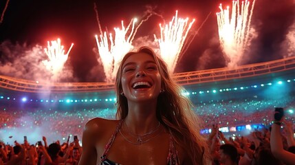 Naklejka premium Joven rubia, eufórica, gritando en el concierto o inauguración de un gran festival musical. Concepto de celebración en espacios abiertos, con fuegos artificiales y gran logística.