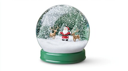 Whimsical Snow Globe with Santa and Reindeer in Watercolor Style on a White Background with Sparkling Snow - Holiday Magic Delight
