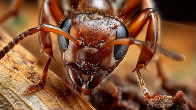 Red wood ant in extreme macro close up on a branch, with intricate features on full display against a forest backdrop. Highlighting nature's wild beauty up close