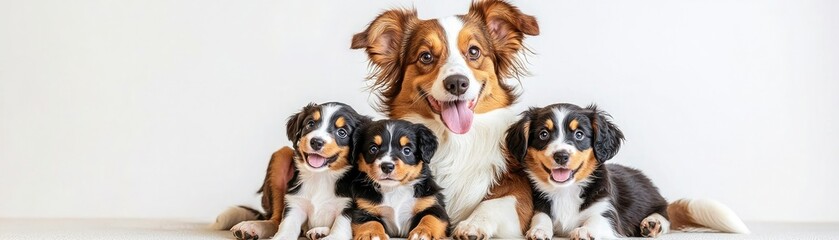 Fototapeta premium A beautiful scene featuring a happy dog and three playful puppies, showcasing adorable expressions and lively interaction.