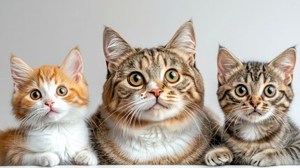 A captivating trio of cats showcasing adorable expressions, perfect for illustrating pet themes or animal companionship.