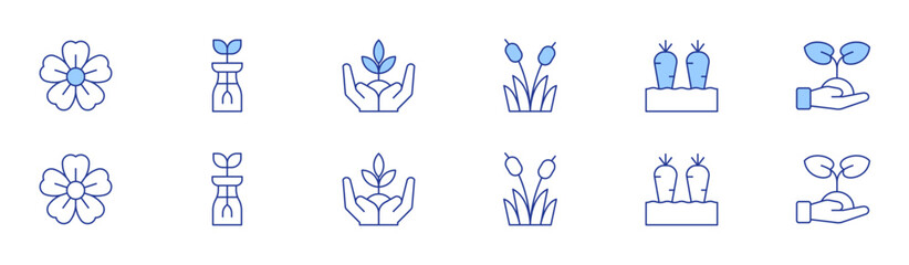 Gardening icon set in two styles, Duotone and Thin Line style. Editable stroke. sakura, sprout, plant, reed, carrots, environmental protection