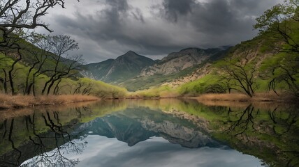 Fototapeta premium Tranquil Mountain Lake with Dramatic Clouds and Tree Reflections