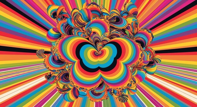 A symphony of bright colors and retro patterns in a thrilling, rainbow explosion