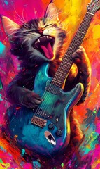 The cat playing guitar