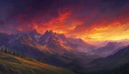 Obraz premium Majestic Mountains with a Fiery Sunset Sky - A Breathtaking Landscape