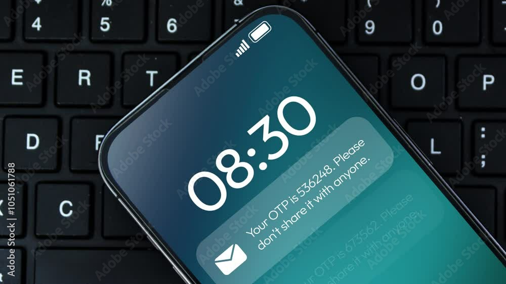 Poster otp notification design appearing on the smart phone with keyboard in the backdrop. 4k animation of 
