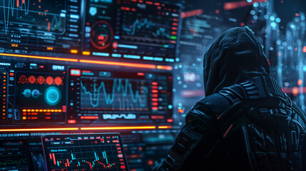 Hacker analyzing data on futuristic digital screens with cyber interface in a dark environment
