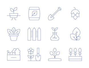 Gardening icons. Thin Line style, editable stroke. compost, fence, gardening, hop, leaves, plant, hydroponic, vegetable, shovel, sprout