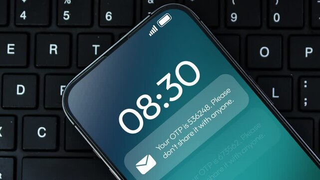 OTP notification design appearing on the smart phone with keyboard in the backdrop. 4K Animation of message notification on screen seamless loop