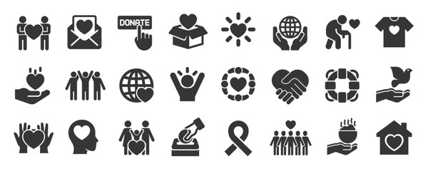 Charity glyph solid icons collection. Containing volunteer, care, help, humanity. Minimal icon and symbol series vector illustration