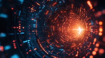 Obraz premium The dynamic abstract image displays a radial vortex formed by a chaotic data cluster, highlighting the complexity and motion of information in a striking way