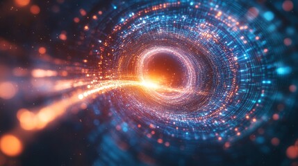 Obraz premium The dynamic abstract image displays a radial vortex formed by a chaotic data cluster, highlighting the complexity and motion of information in a striking way