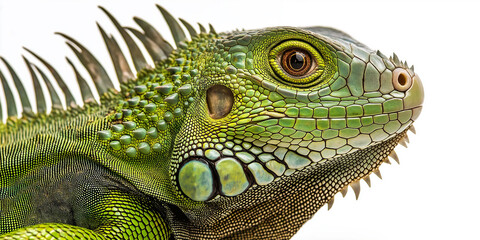 Fototapeta premium Green iguana posing on white background showing spikes and scales