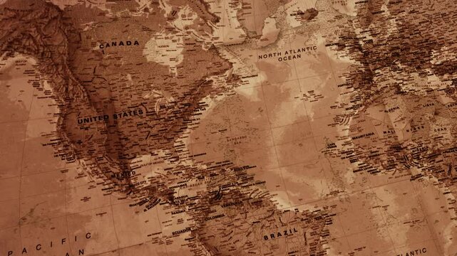Focusing on United States of America on the world map in old syle, 4k video background. Historic and ancient style map of usa concept backdrop