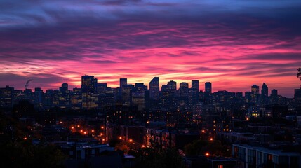 City skyline with pink sky at dusk.
