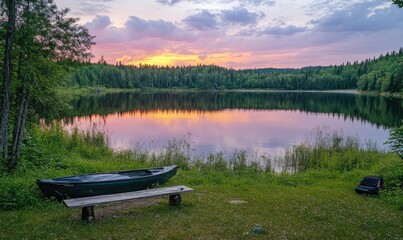 Obraz premium Peaceful Lake Sunset with a Canoe and Bench, Serene Nature Scene with Calm Water and Lush Green Trees