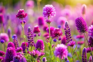 Vibrant purple and magenta flowers at a tilted angle in a field meadow