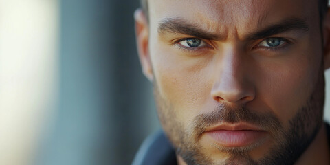 Obraz premium Serious man with short haircut and blue eyes showing confidence
