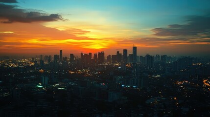 Fototapeta premium City skyline at sunset with orange sky.