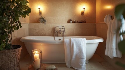 A beautifully crafted bathroom featuring a spacious white bathtub, marble elements, and ambient lighting, creating a serene oasis of luxury.