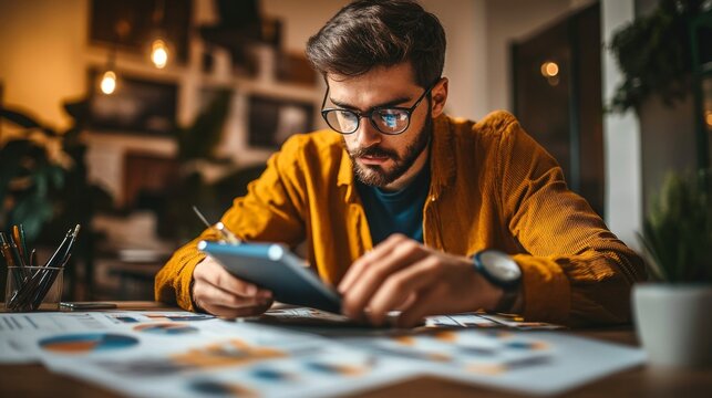 Showcasing a dedicated marketing professional using digital devices to analyze competitor strategies, highlighting the importance of research and competitive analysis in the field of marketing