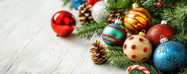 Festive Christmas decorations showcasing colorful ornaments, pine cones, and greenery on a rustic wooden surface.