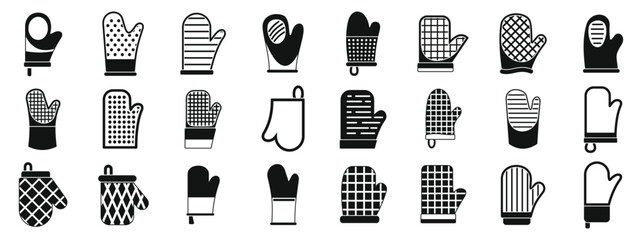 Fireproof kitchen mittens icons set. Different types of kitchen gloves and oven mitts provide safety and prevent burns while handling hot cookware