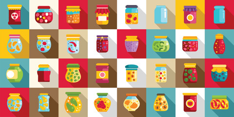 Pickled food jars icons set. Colorful jars containing various preserved foods create a vibrant and diverse display of culinary delights