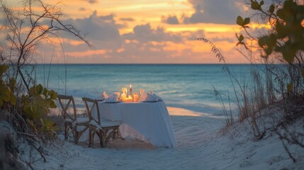 A cozy beach dinner setup for two, with white linens and candles, overlooking the tranquil ocean at sunset