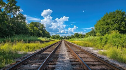 Fototapeta premium A distant view of a railway switch system where the tracks split into different directions, set under a crisp blue sky and flanked by greenery